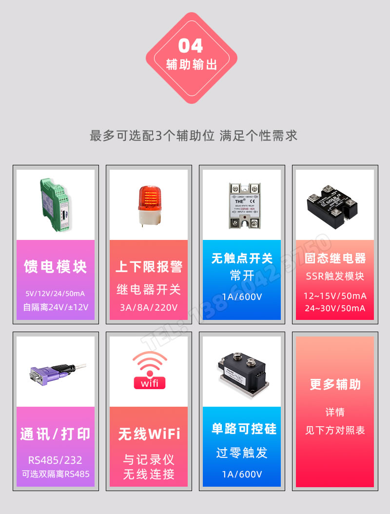 輔助輸出支持開關(guān)量報警、mA變送赡脚、RS485/232通訊