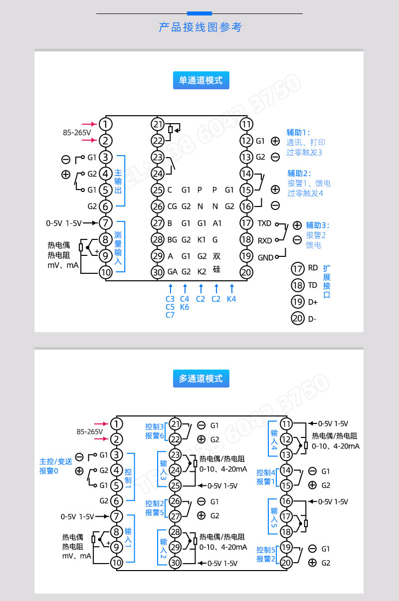 單通道模式及多通道模式接線端子示意圖